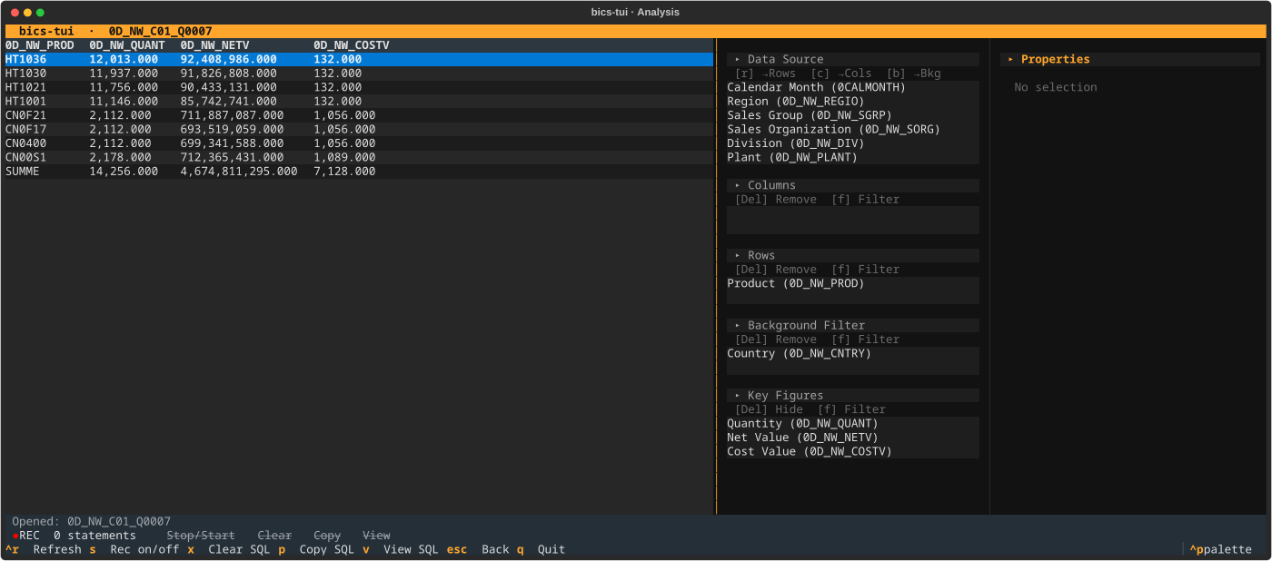 bics-tui Analysis screen with 0D_NW_PROD on Rows and 0D_NW_CNTRY on Background Filter