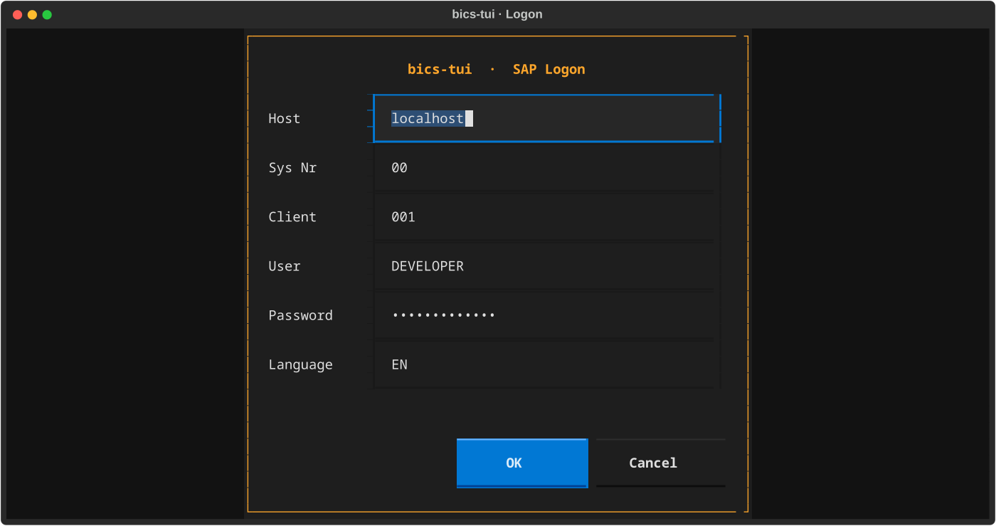 bics-tui Logon screen