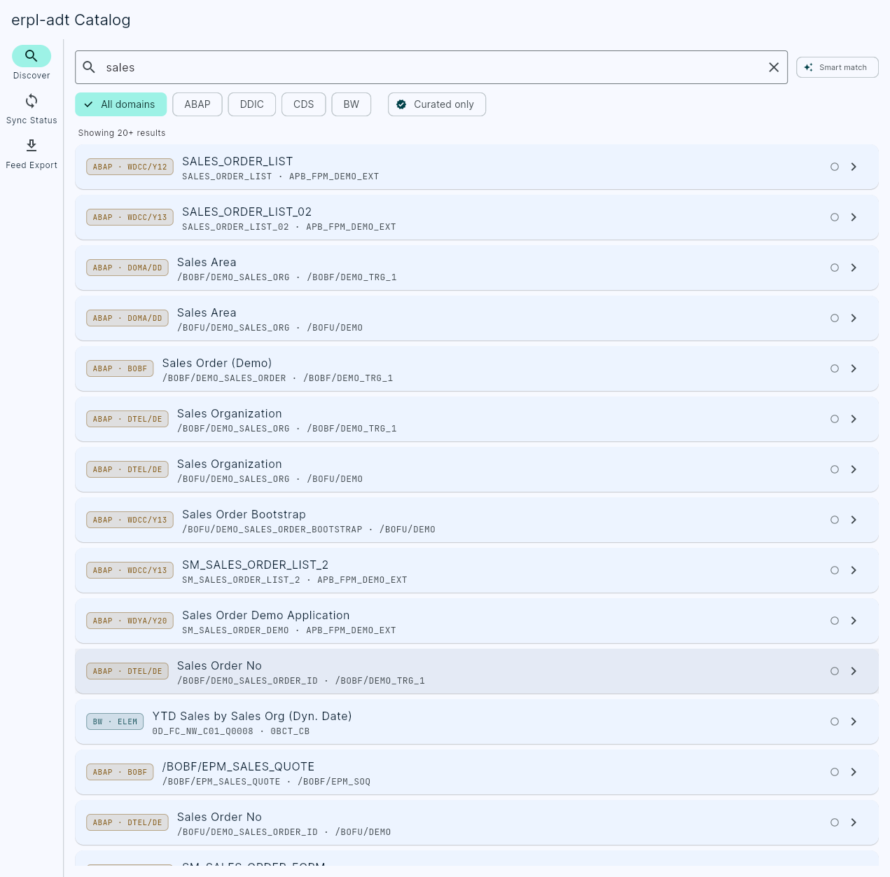 The erpl-adt Catalog Explorer showing a full-text search for "sales" — results include the BW query "YTD Sales by Sales Org", "Revenue by Product Category and Region", and more, each tagged by domain and object type.