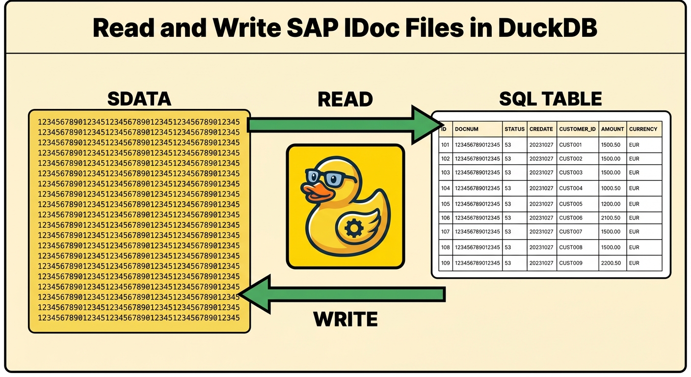 Reading and writing SAP IDoc files as SQL in DuckDB — decode the opaque fixed-width SDATA into columns, and write byte-valid IDocs back, offline.