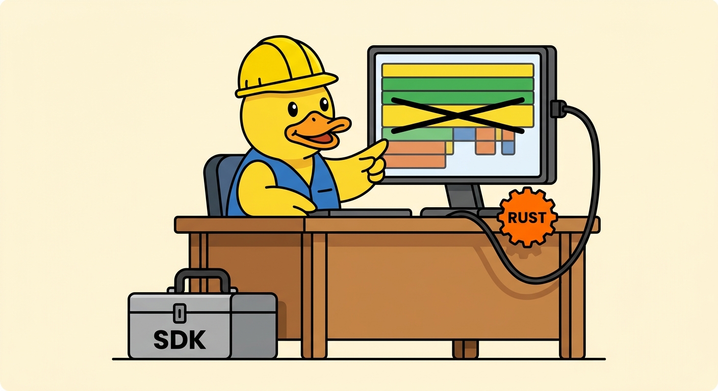 A duck engineer pointing at a flamegraph with one wide bar struck out and the layers beneath it shortened, the SDK toolbox closed and pushed aside, a Rust gear wired to the machine instead