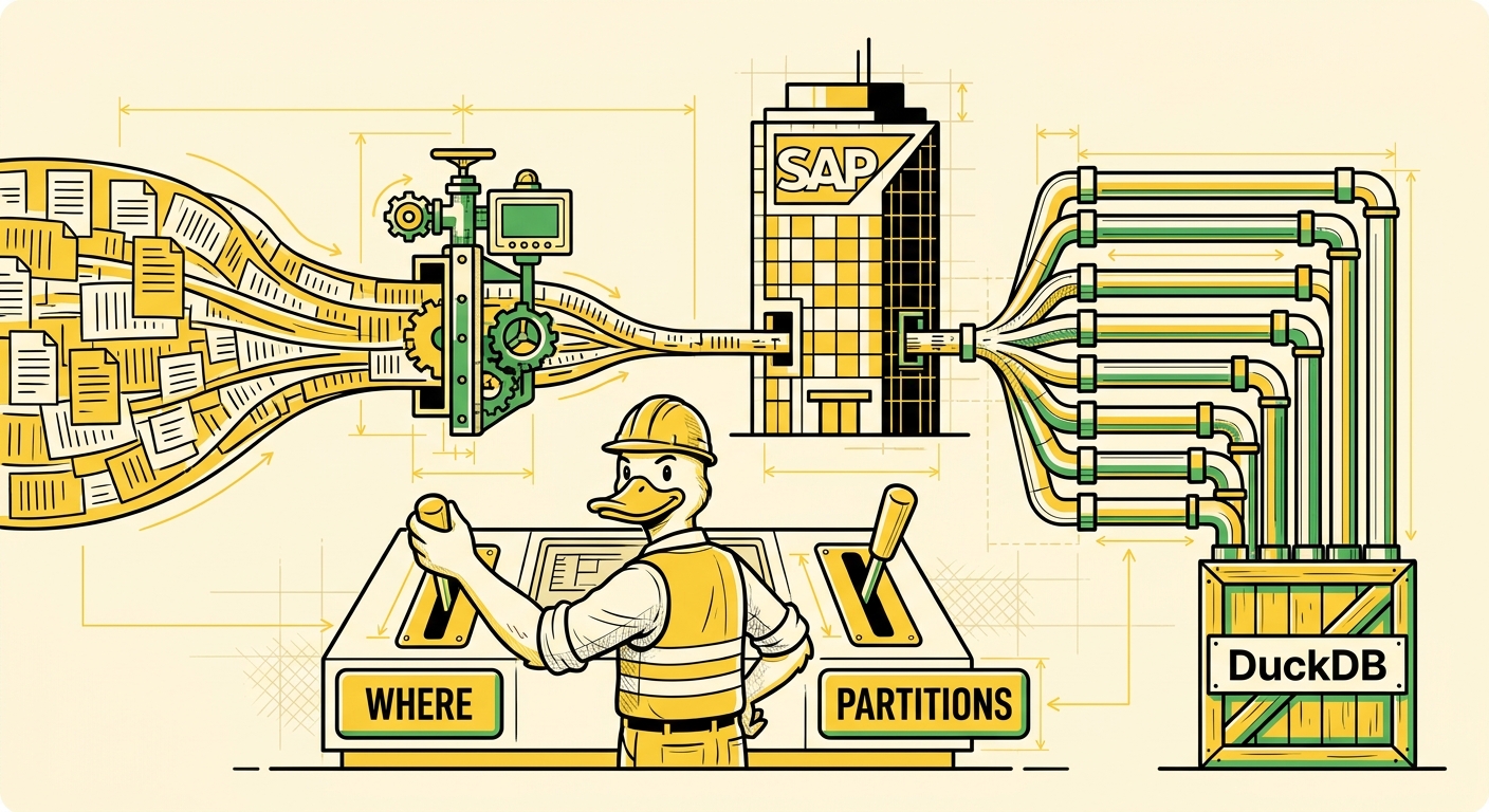 A duck engineer at a control panel, one lever labelled WHERE feeding a filter that stops most of a river of rows before it leaves a SAP-shaped building, another lever splitting the remaining flow into eight parallel pipes into a DuckDB crate