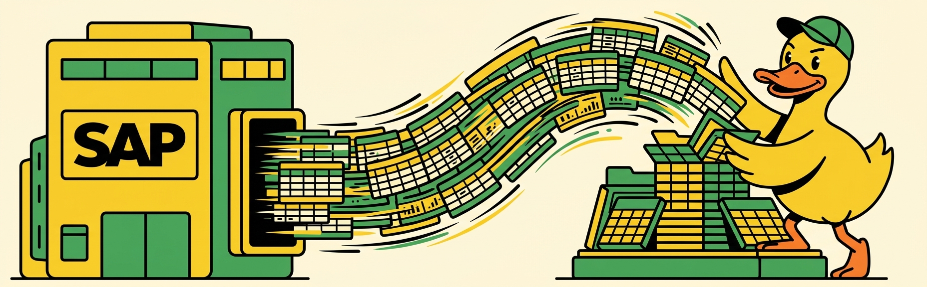 SAP streaming millions of rows out into a DuckDB duck — the inverse of the usual flow