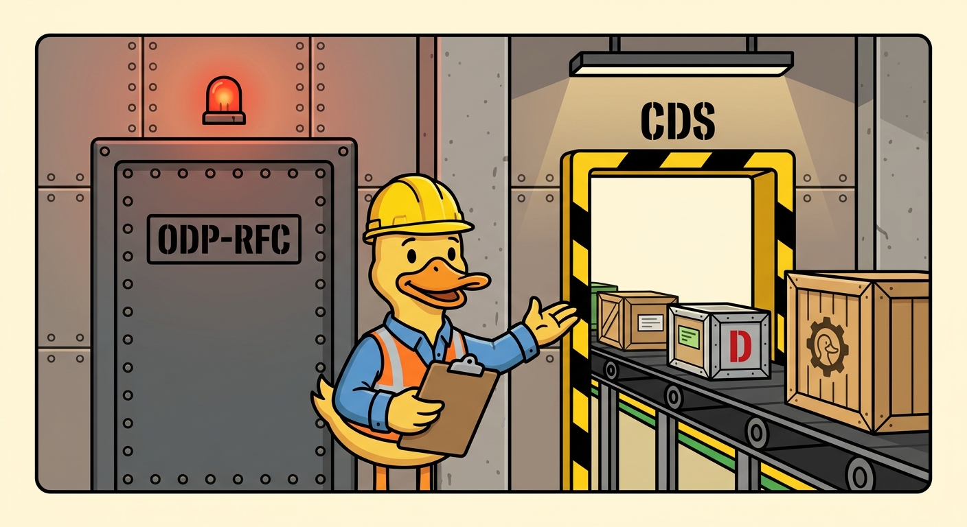 A duck engineer in a hard hat and safety vest stands between two doorways in an industrial wall. On the left a riveted steel door stencilled ODP-RFC is shut, a red warning lamp lit above it. On the right an open doorway stencilled CDS carries a conveyor belt of labelled crates out toward a large crate bearing a duck logo; one crate on the belt is stamped with a red letter D for delete. The duck holds a clipboard and gestures toward the open door.